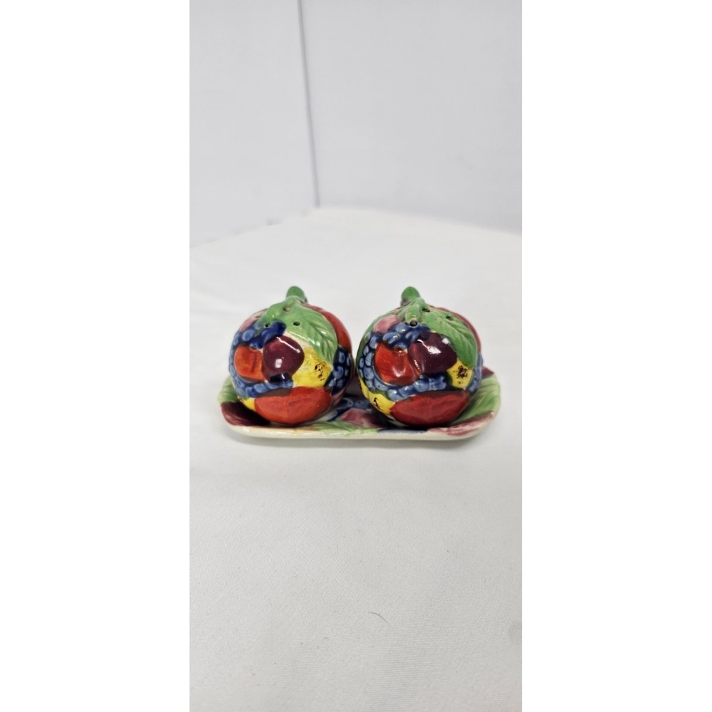 Vintage Japan Fruit‎ Salt Pepper Shakers w Tray Ceramic Set Hand Painted